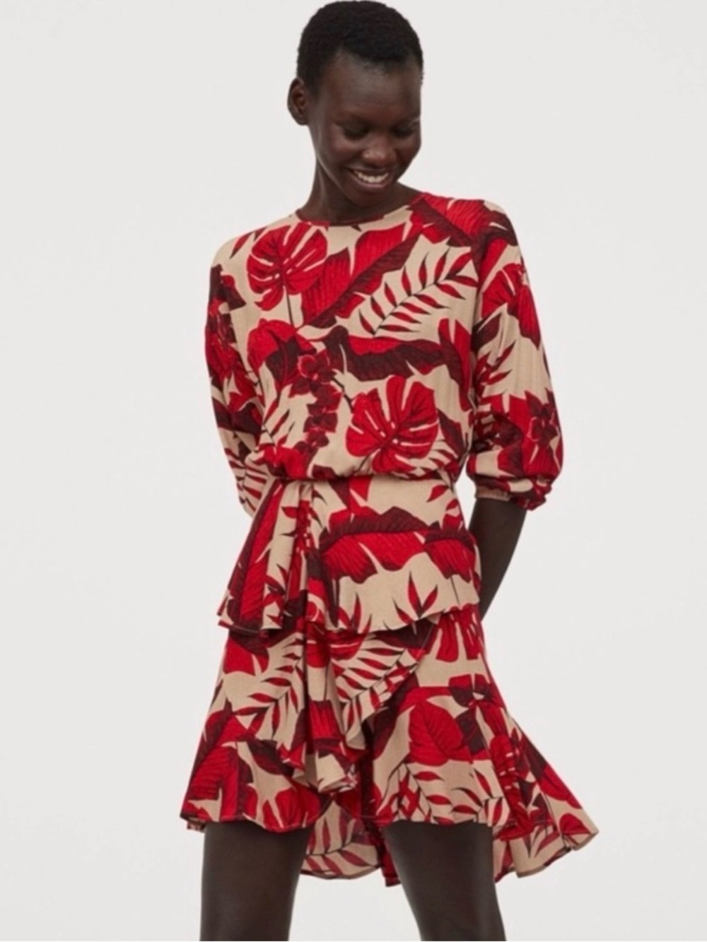 NWT JOHANNA ORTIZ x H&M Flounced Leaf Print Mini Dress Size XS Floral Tropical